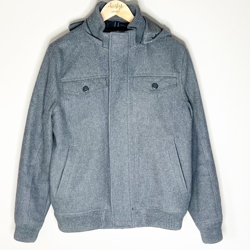 Express Mens charcoal gray recycled wool hooded coat jacket size large